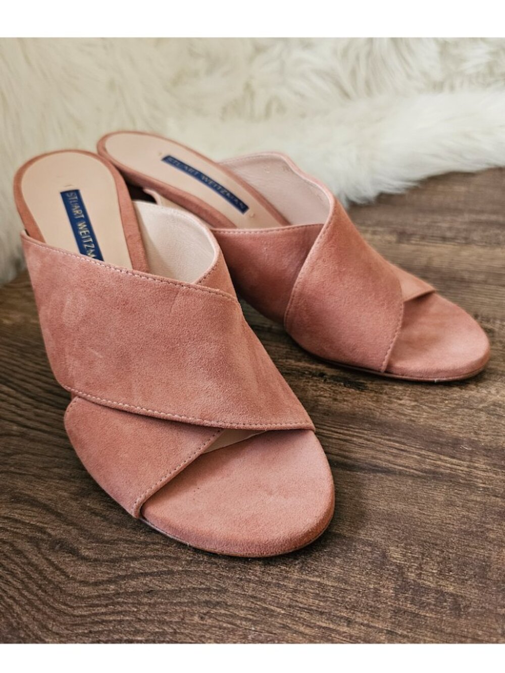Stuart Weitzman Galene 3.25” Block Heel Suede Slides Open Toe Mules Desert Rose